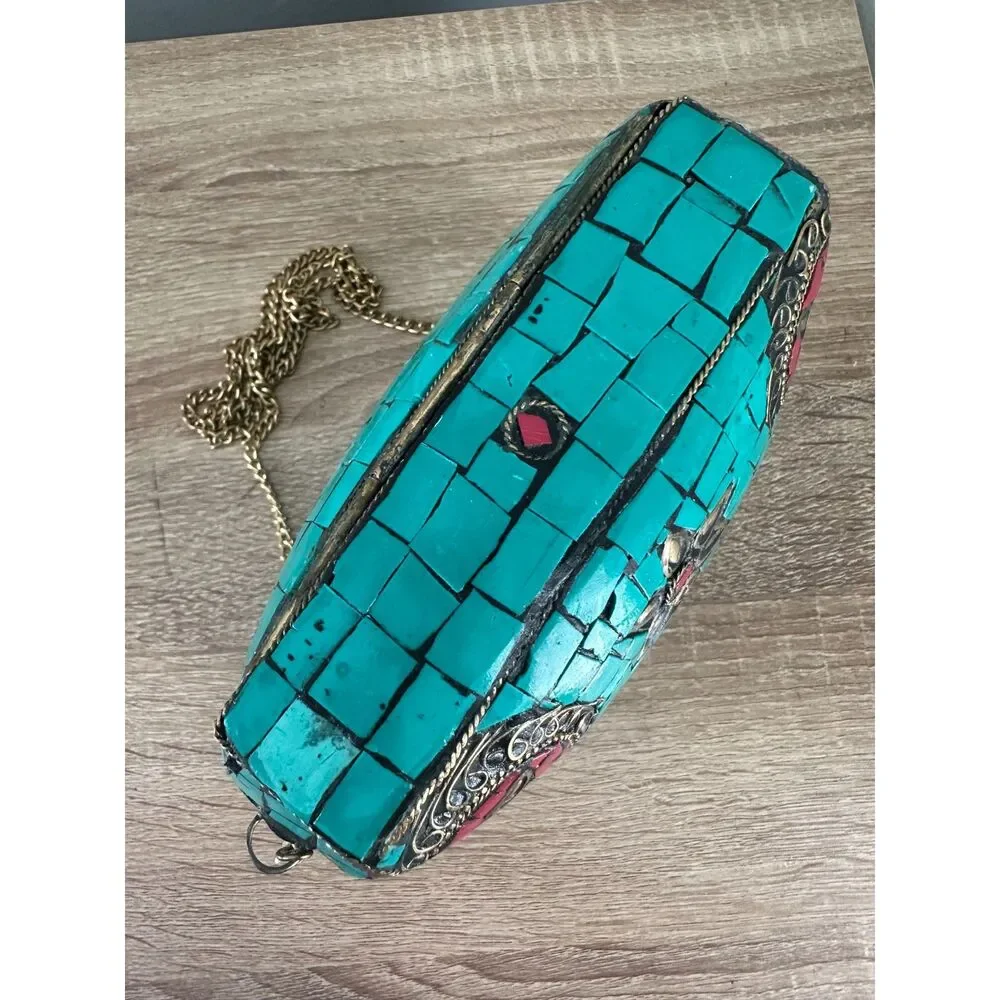 Vintage Turquoise Mosaic Tile Purse Coral Stone Inlay Crossbody Gold Chain Bag